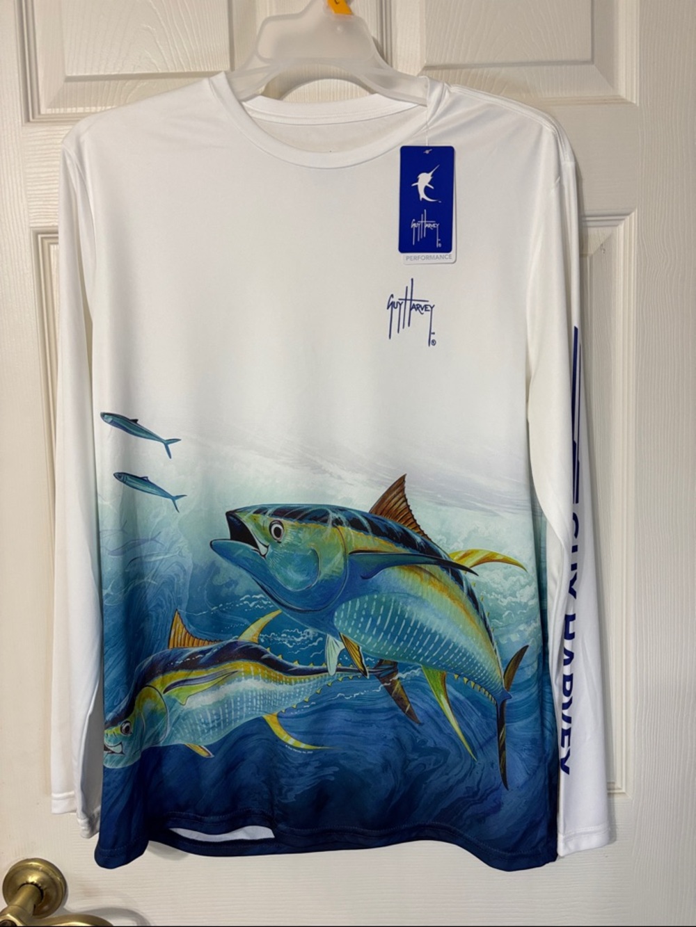 Guy Harvey White and Blue Yellowfin Tuna Graphic Rash Guard